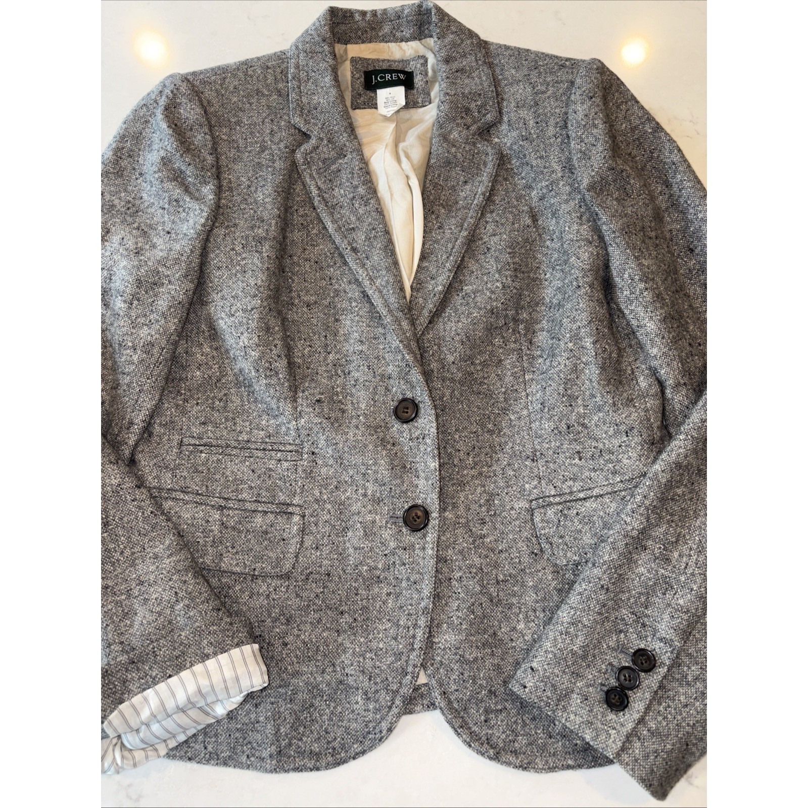 J Crew Womens 4 Wool Silk Light Gray Herringbone Blazer Structured 2 Button